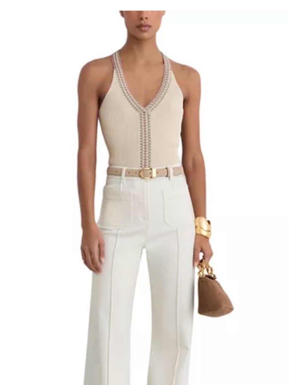Reiss Cream Ribbed V-Neck Tank with Trim - Picture 2 of 4